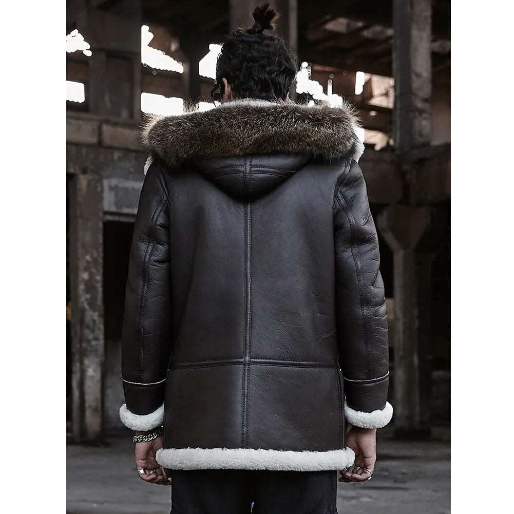 Brown B3 Shearling Bomber Jacket - Hooded Leather Coat - AMSEL LEATHERS