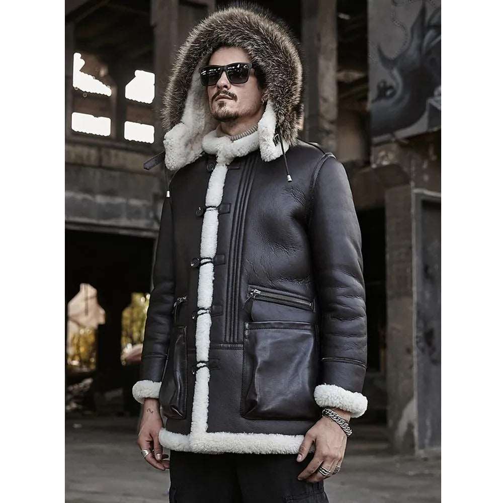 Brown B3 Shearling Bomber Jacket - Hooded Leather Coat - AMSEL LEATHERS