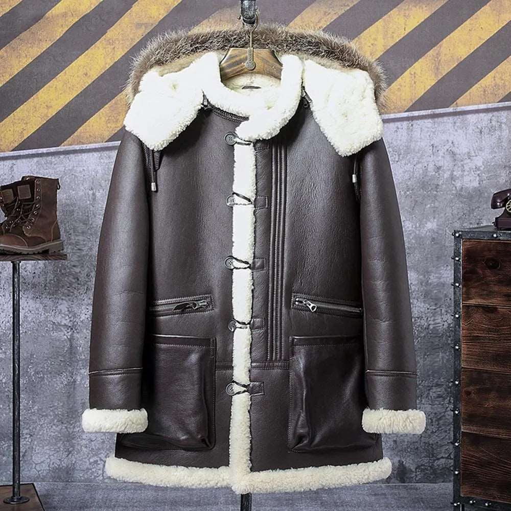 Brown B3 Shearling Bomber Jacket - Hooded Leather Coat - AMSEL LEATHERS