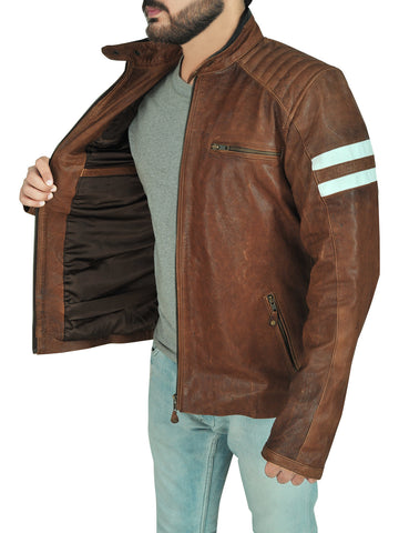 men's brown leather biker jacket nolan front view