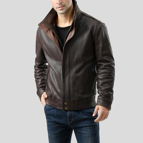 men's black lambskin leather bomber jacket jasper front view