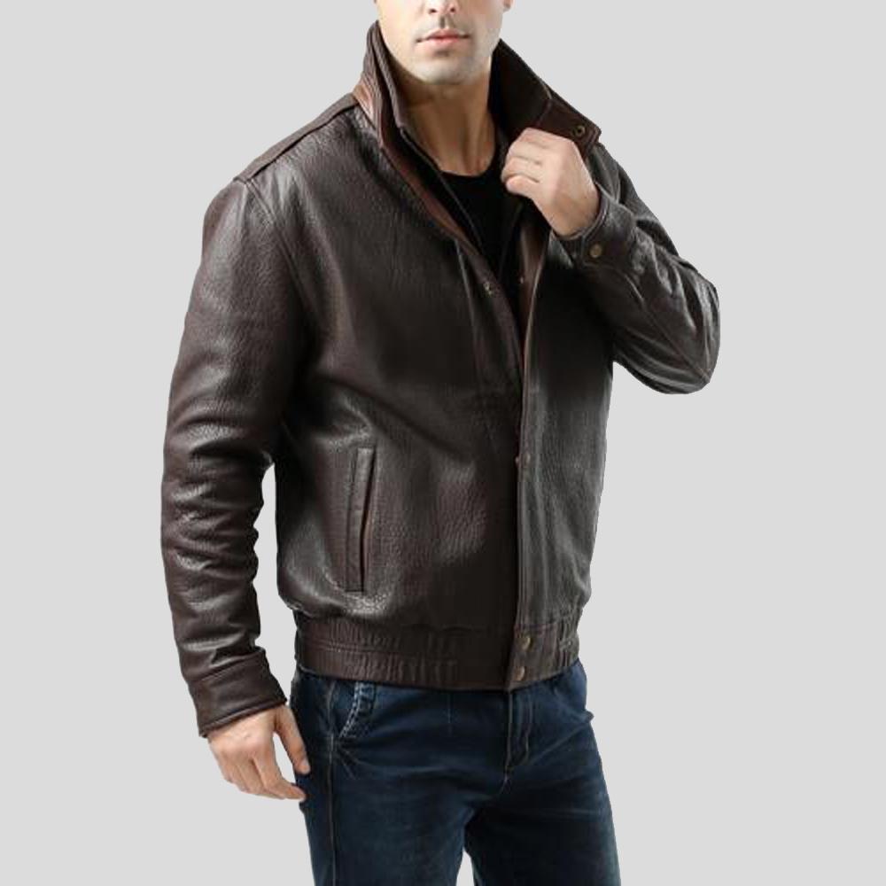 men's black lambskin leather bomber jacket jasper detail close up