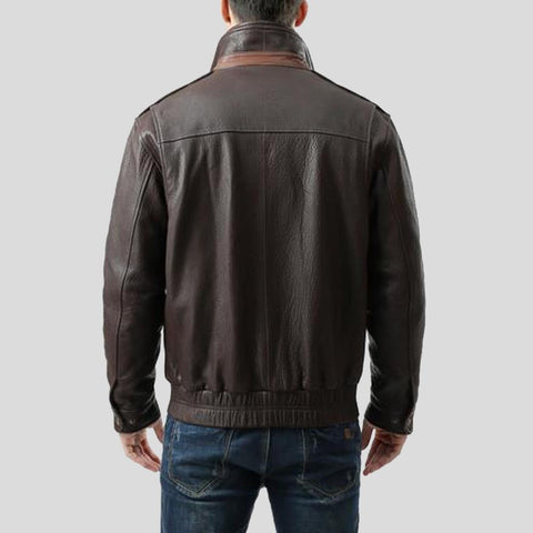 men's black lambskin leather bomber jacket jasper back view