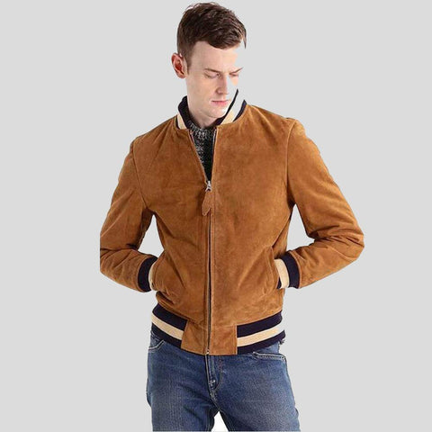 • brown suede bomber jacket mens front view
