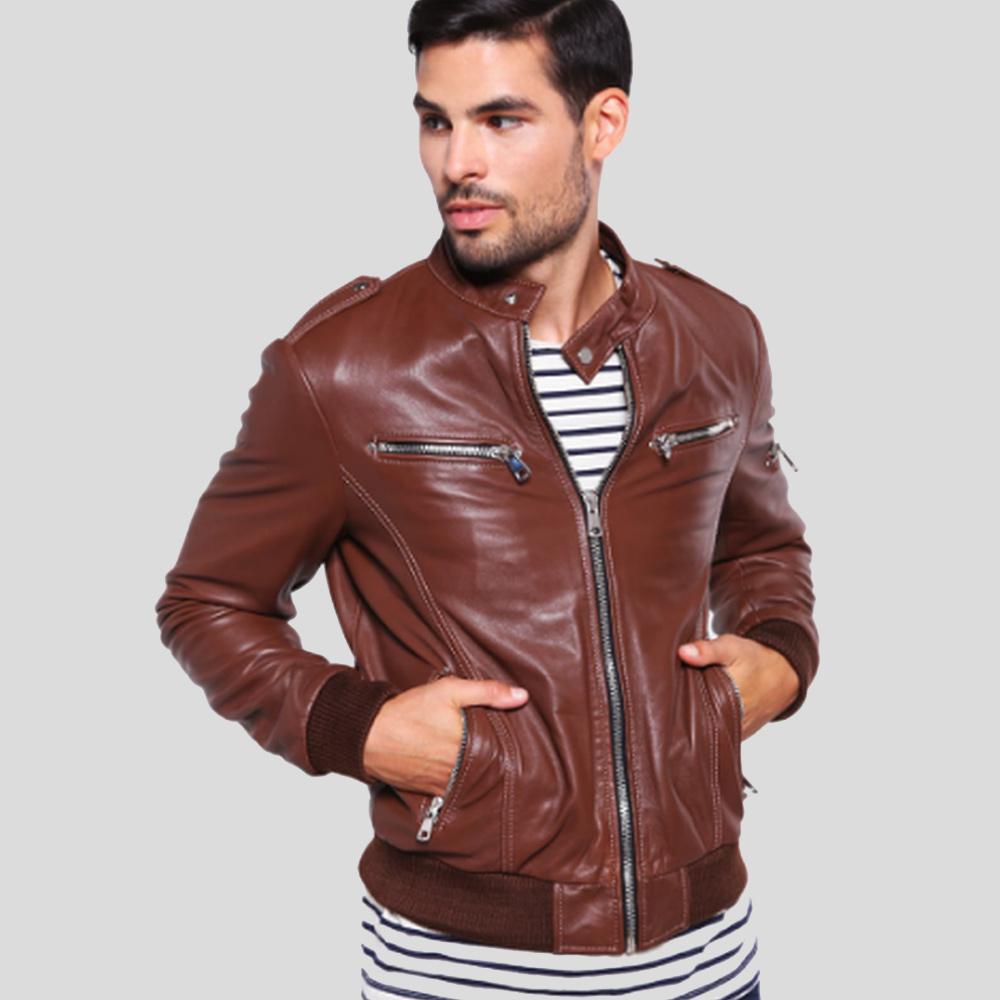 • brown leather bomber jacket mens front view
