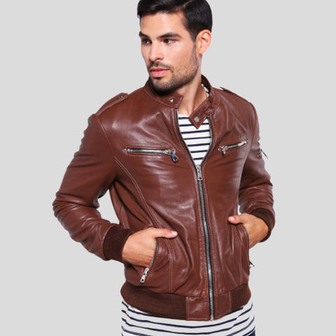 • brown leather bomber jacket mens front view
