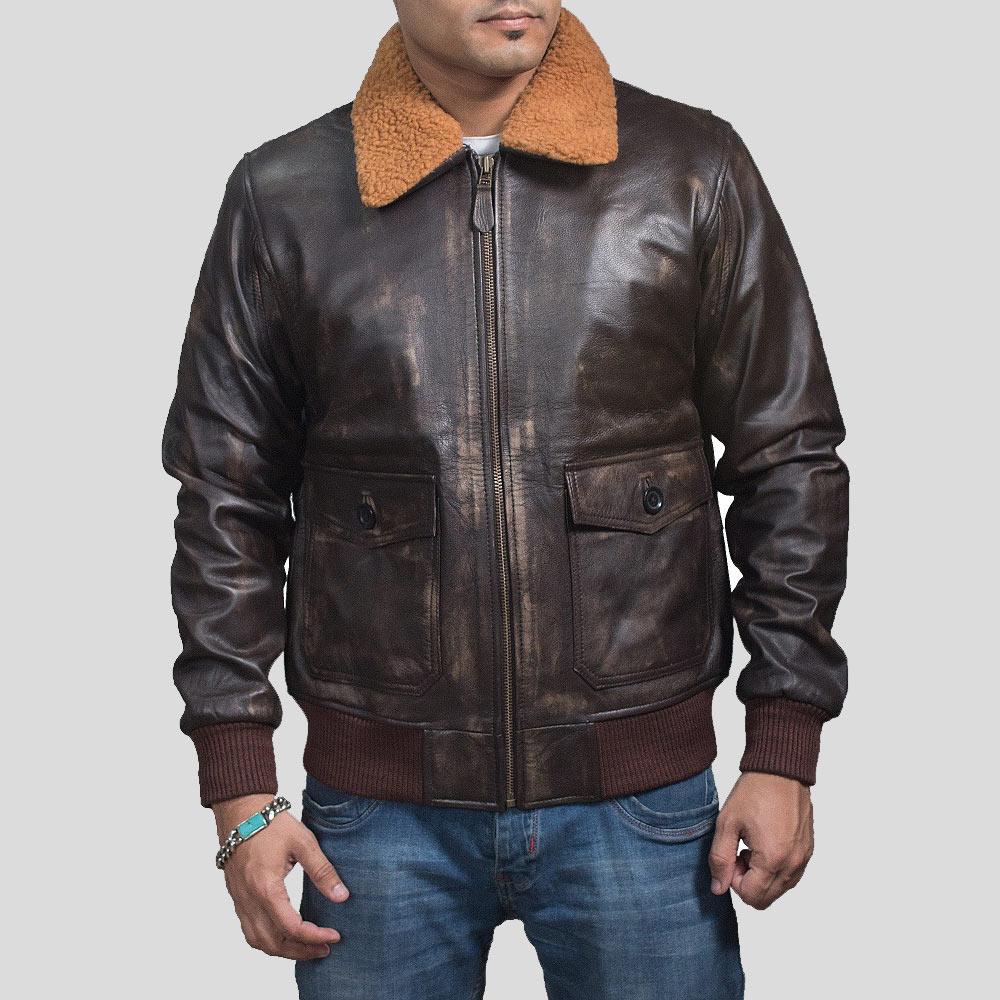 men's black lambskin leather bomber jacket evren front view