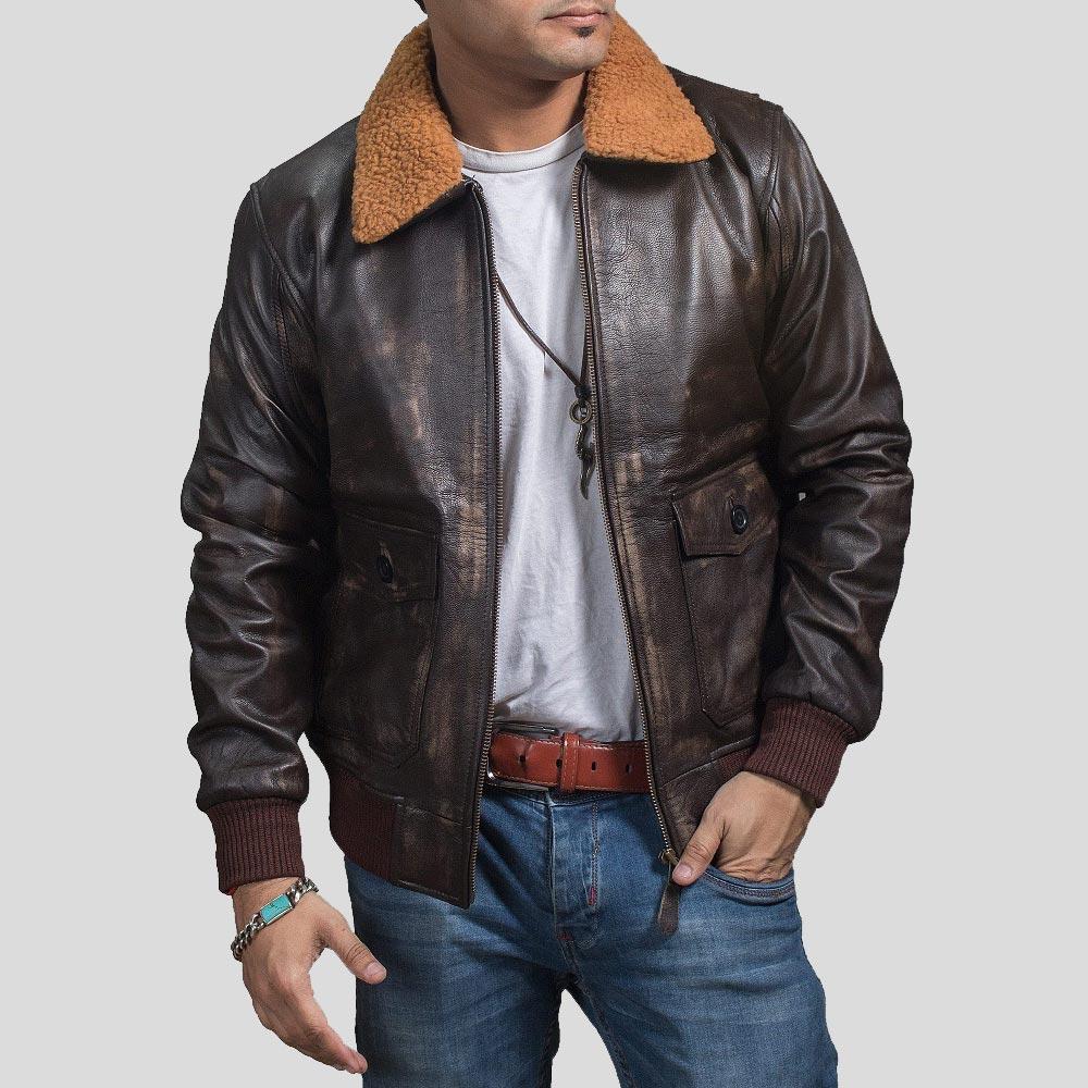 men's black lambskin leather bomber jacket evren detail close up