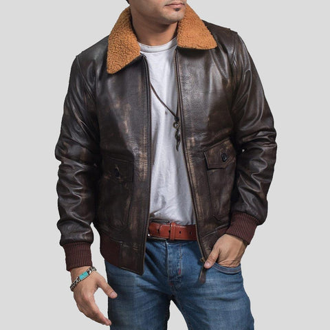 men's black lambskin leather bomber jacket evren detail close up