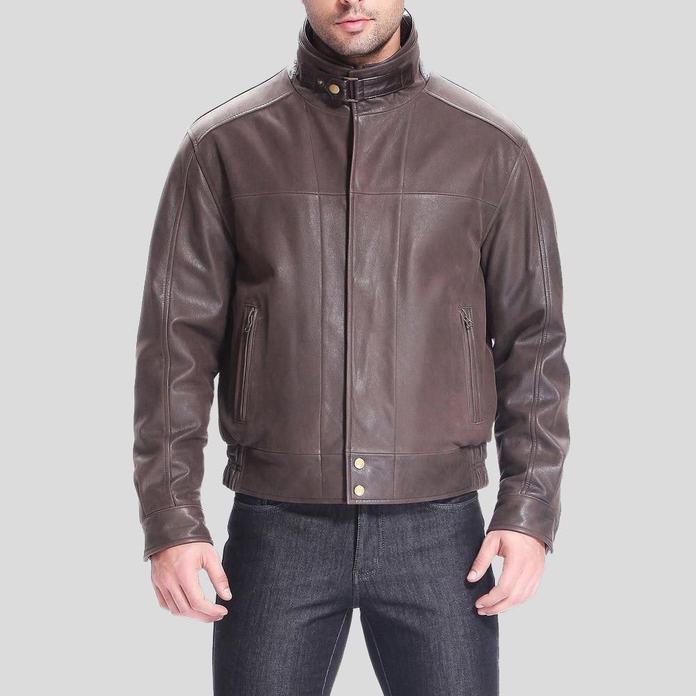 men's black distressed lambskin leather bomber jacket dorian front view