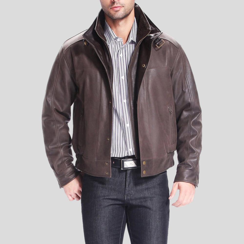 men's black distressed lambskin leather bomber jacket dorian side angle