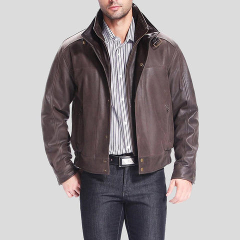 men's black distressed lambskin leather bomber jacket dorian side angle