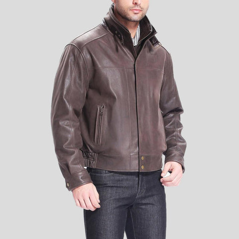 men's black distressed lambskin leather bomber jacket dorian detail close up