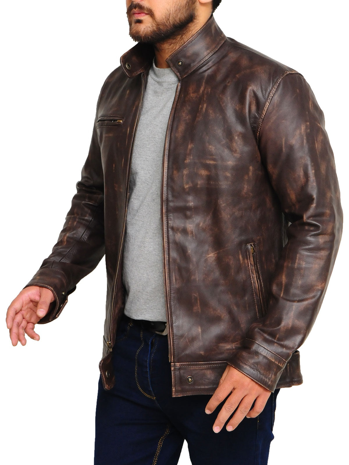 • distressed brown leather jacket mens front view
