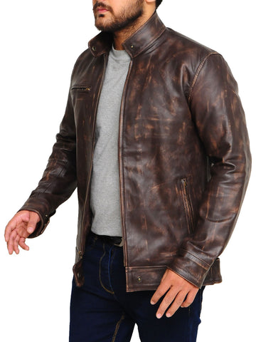 • distressed brown leather jacket mens front view
