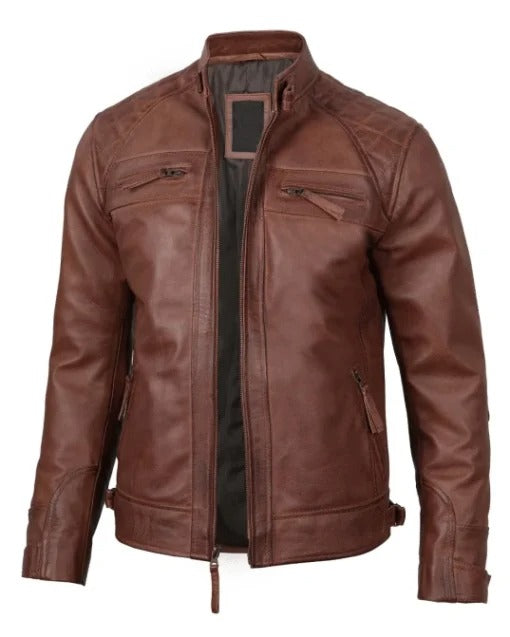 Brown Cafe Racer Quilted Leather Jacket - AMSEL LEATHERS