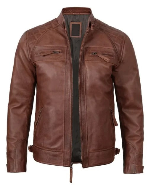 Brown Cafe Racer Quilted Leather Jacket - AMSEL LEATHERS