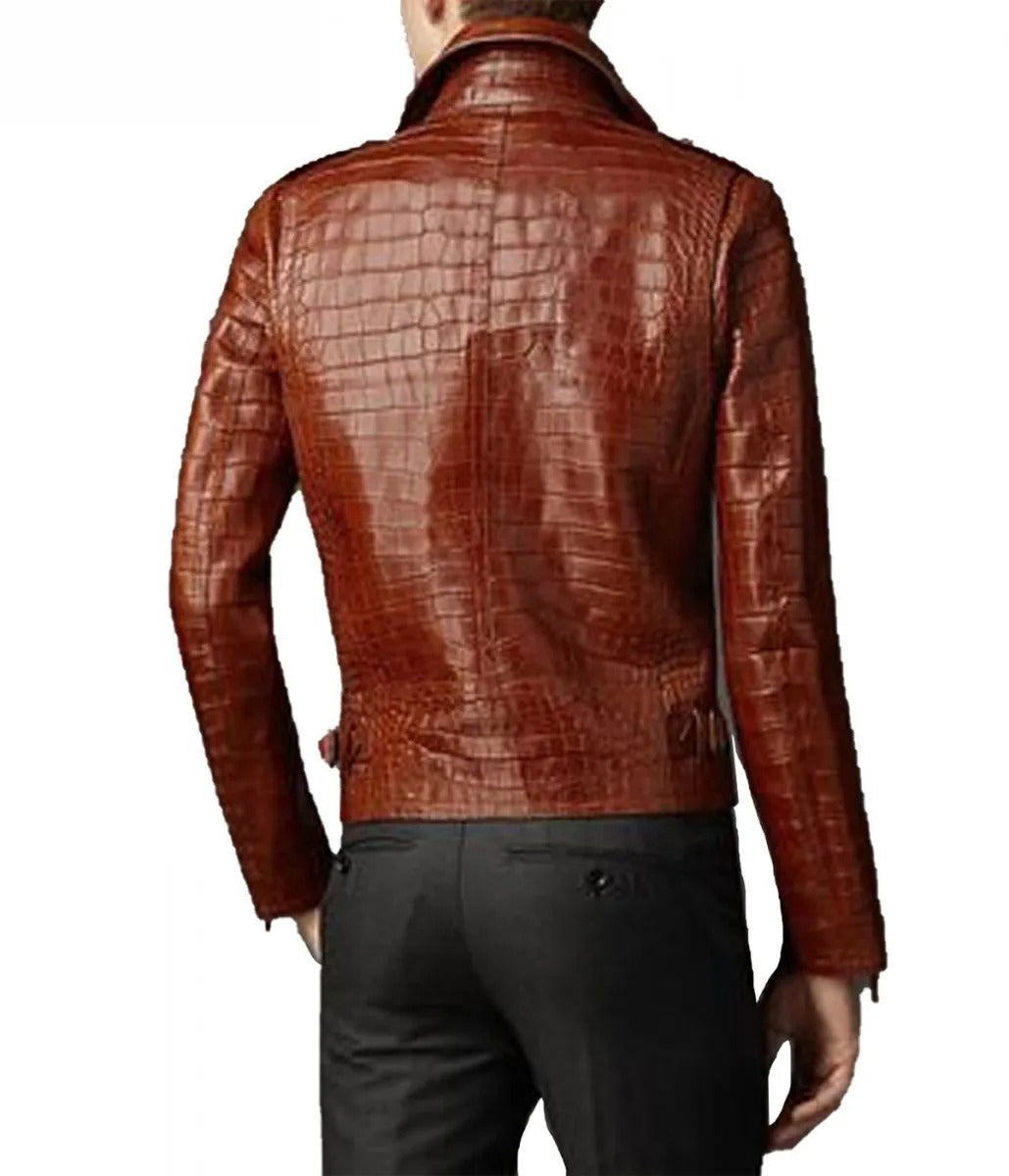 Men's Brown Croc Alligator Leather Biker Jacket - AMSEL LEATHERS