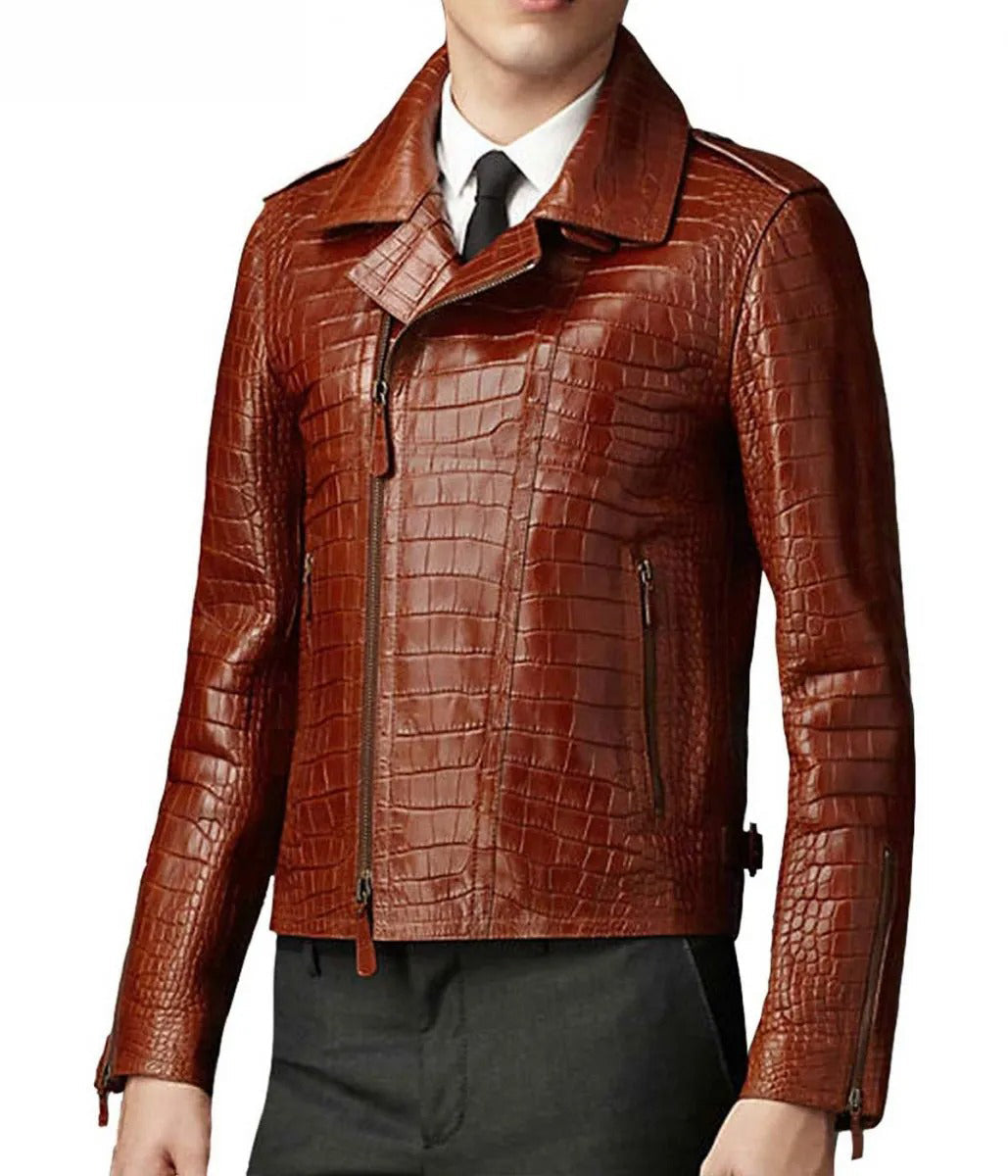 Men's Brown Croc Alligator Leather Biker Jacket - AMSEL LEATHERS