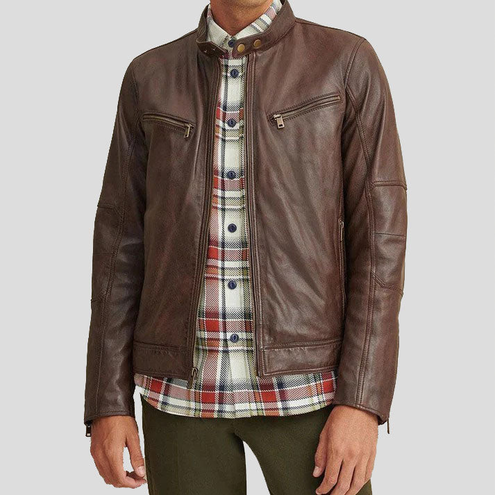 Brown Leather Moto Biker Jacket For Men - AMSEL LEATHERS