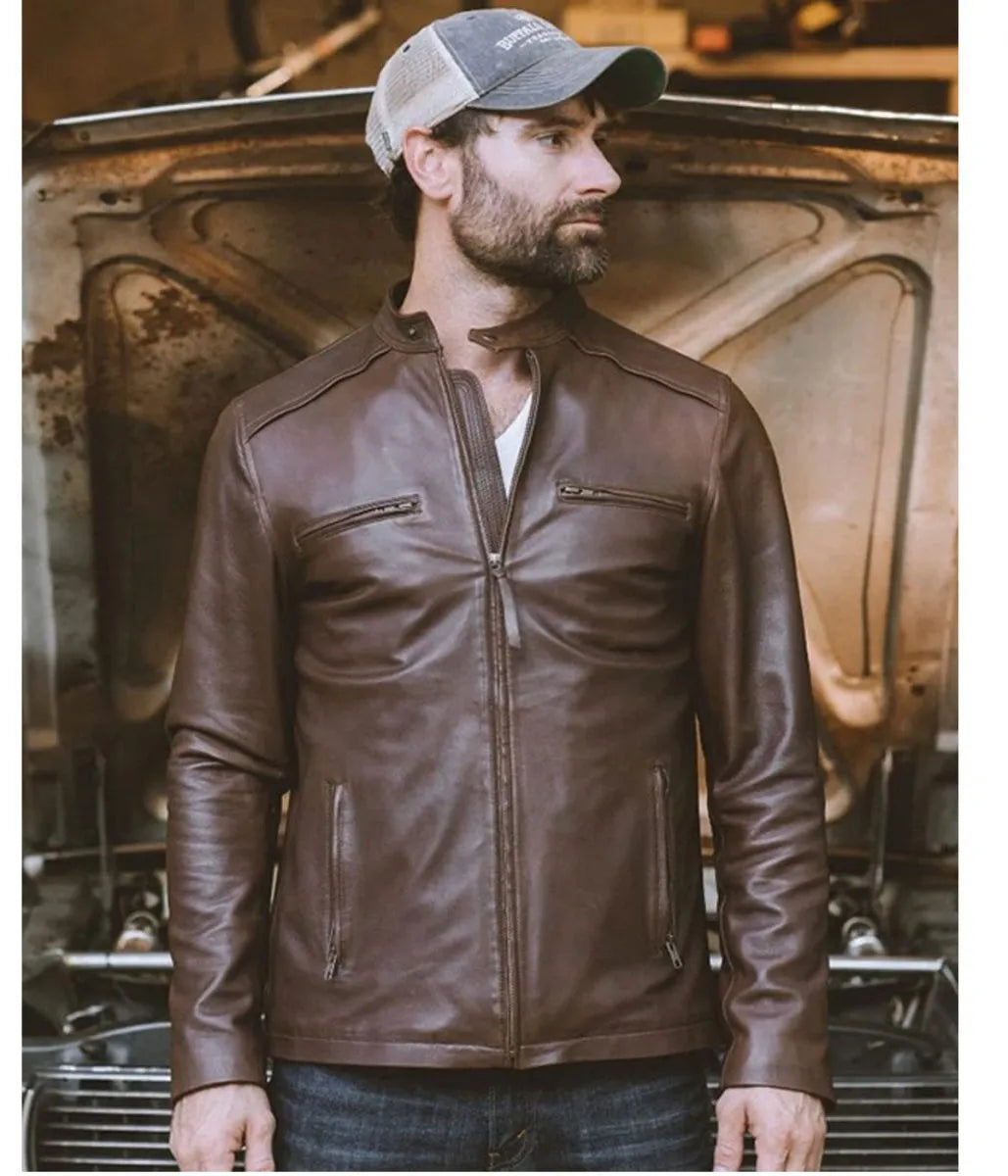 Men's Brown Thompson Leather Moto Jacket - AMSEL LEATHERS