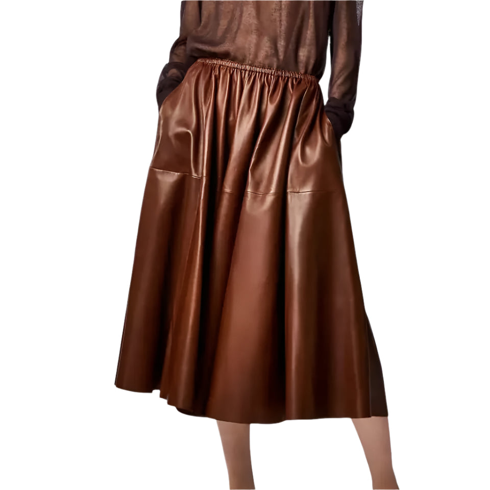 Brown Real Leather A-Line Flare Midi Skirt – Women's Fashion Statement - AMSEL LEATHERS