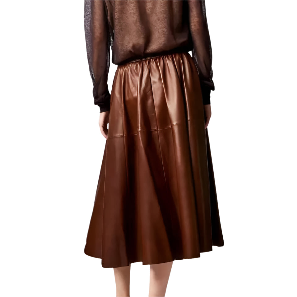 Brown Real Leather A-Line Flare Midi Skirt – Women's Fashion Statement - AMSEL LEATHERS