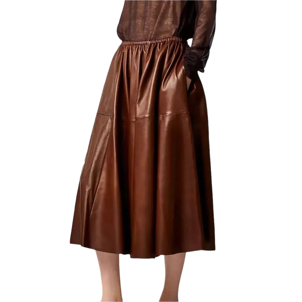 Brown Real Leather A-Line Flare Midi Skirt – Women's Fashion Statement - AMSEL LEATHERS