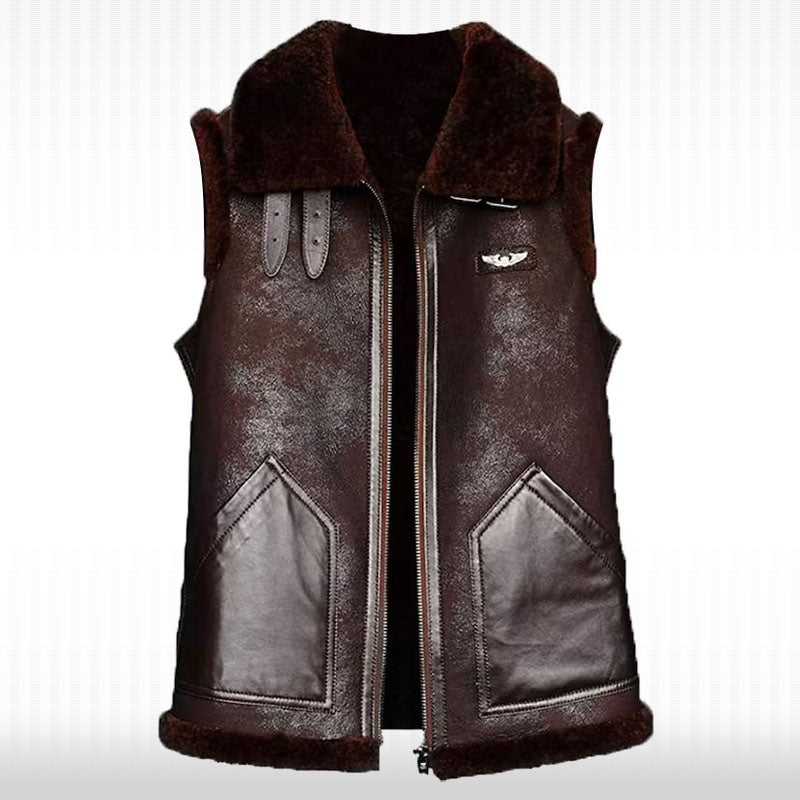 Brown Sheepskin Shearling Leather Vest - Men's Bomber Style Vest - AMSEL LEATHERS