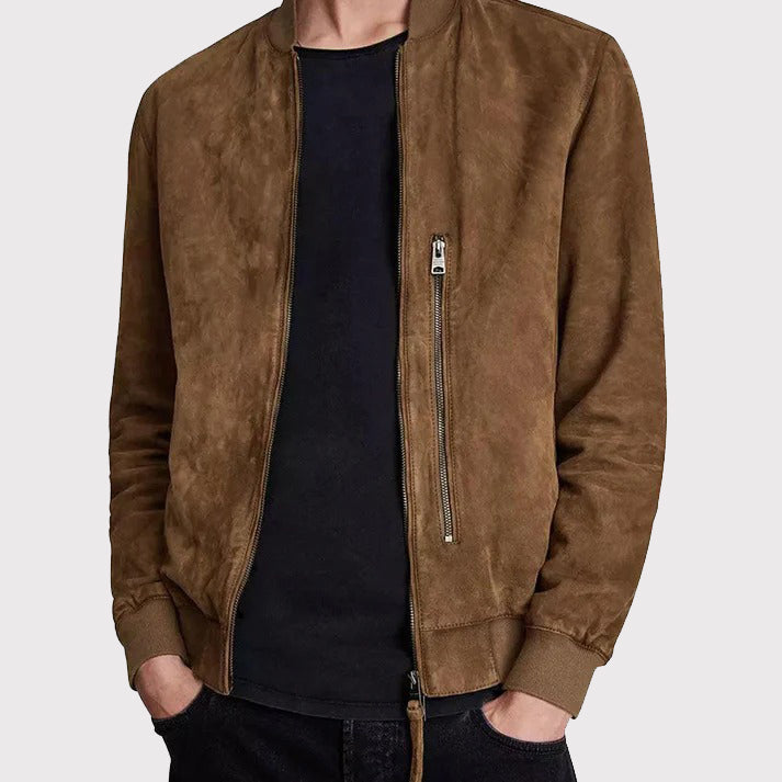 Brown Suede Real Leather Men's Bomber Jacket - AMSEL LEATHERS