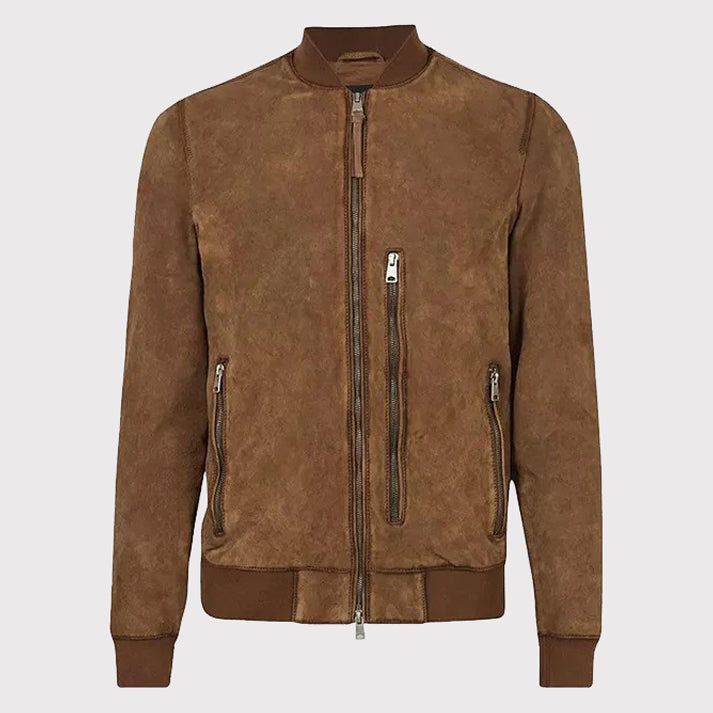 Brown Suede Real Leather Men's Bomber Jacket - AMSEL LEATHERS