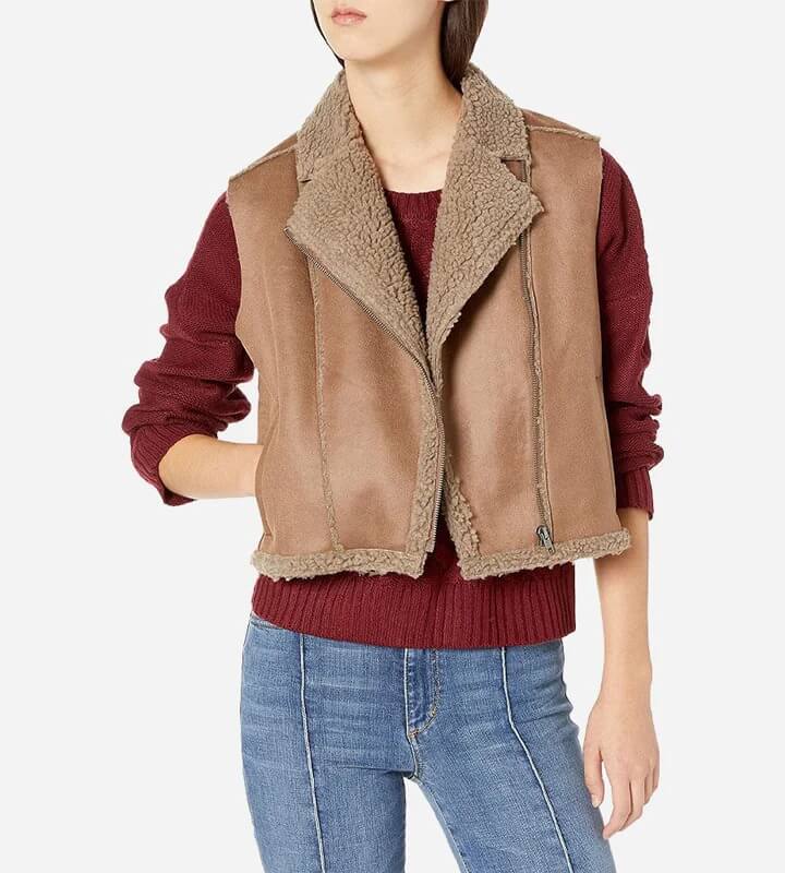 Brown Women's Shearling Leather Biker Vest - AMSEL LEATHERS