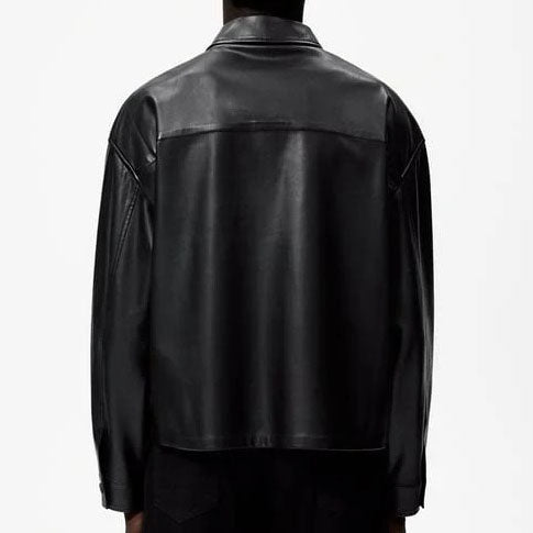 Button-Up Leather Overshirt in Black for Men - AMSEL LEATHERS