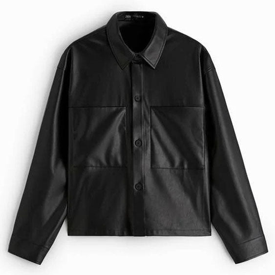 Button-Up Leather Overshirt in Black for Men - AMSEL LEATHERS