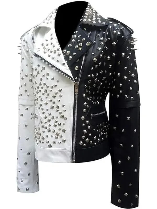 Women's Black and Silver Spiked Studded Biker Leather Jacket - AMSEL LEATHERS