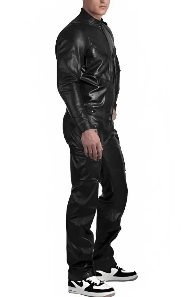 Men's Black Leather Jumpsuit with Straps - AMSEL LEATHERS