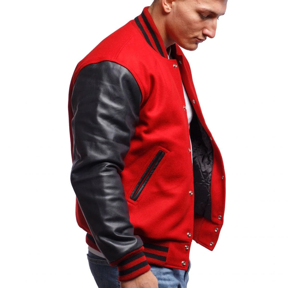 Men's Red Varsity Leather Jacket with Black Sleeves - AMSEL LEATHERS