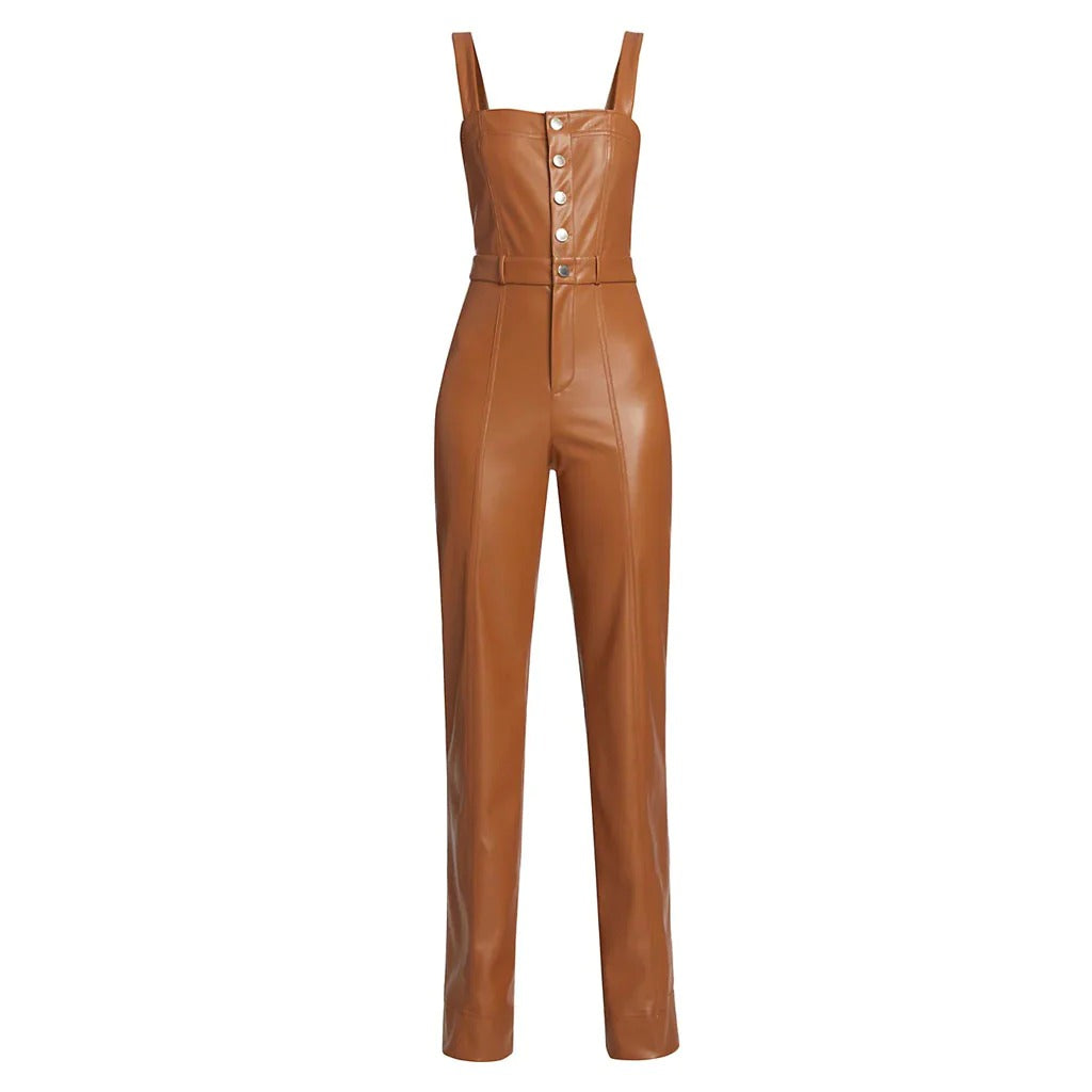 Camel Brown Buttoned Front Women Vegan Leather Jumpsuit - Classic and Sustainable - AMSEL LEATHERS