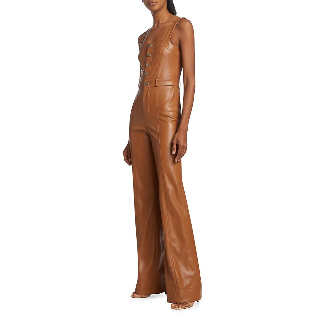 Camel Brown Buttoned Front Women Vegan Leather Jumpsuit - Classic and Sustainable - AMSEL LEATHERS