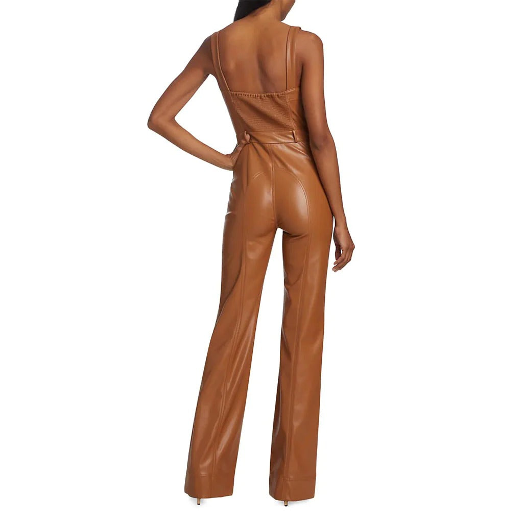 Camel Brown Buttoned Front Women Vegan Leather Jumpsuit - Classic and Sustainable - AMSEL LEATHERS