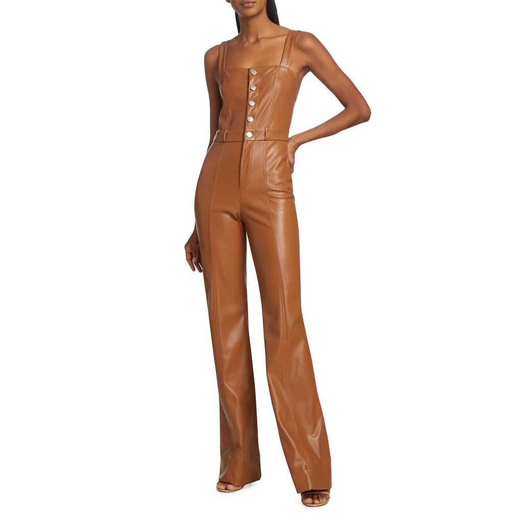 Camel Brown Buttoned Front Women Vegan Leather Jumpsuit - Classic and Sustainable - AMSEL LEATHERS