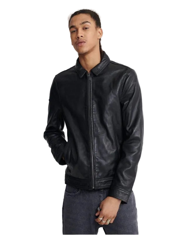 men's black leather shirt lorcan front view