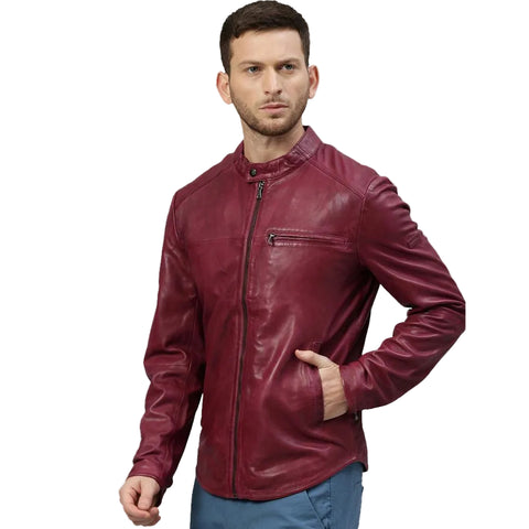 • lambskin moto jacket band collar detail

