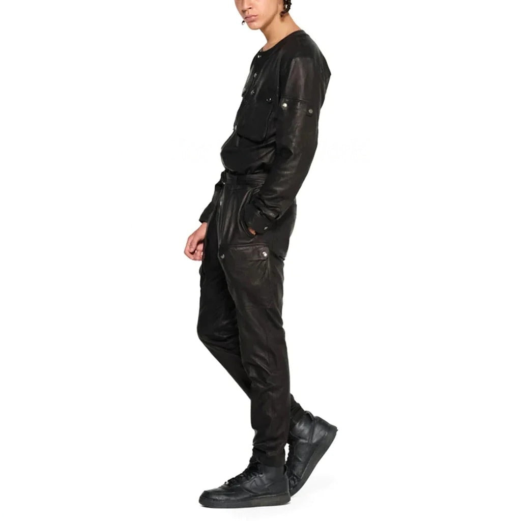 Chic Black Cargo Style Men Leather Jumpsuit - Trendy and Functional - AMSEL LEATHERS