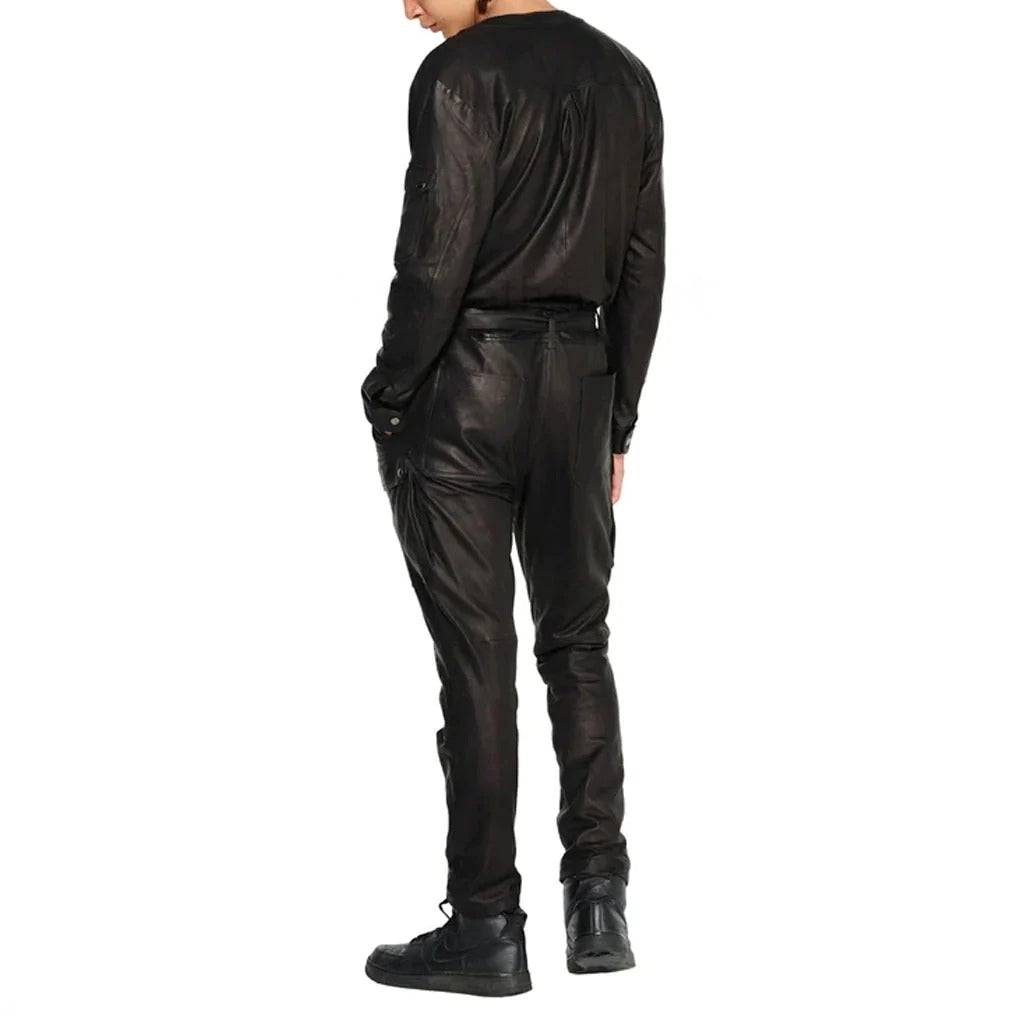 Chic Black Cargo Style Men Leather Jumpsuit - Trendy and Functional - AMSEL LEATHERS