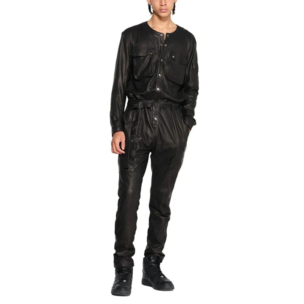 Chic Black Cargo Style Men Leather Jumpsuit - Trendy and Functional - AMSEL LEATHERS