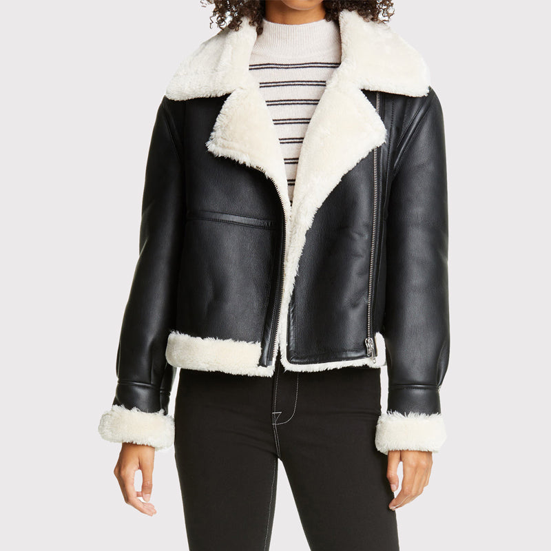 Chic Women's Black Faux Leather Shearling Jacket - AMSEL LEATHERS