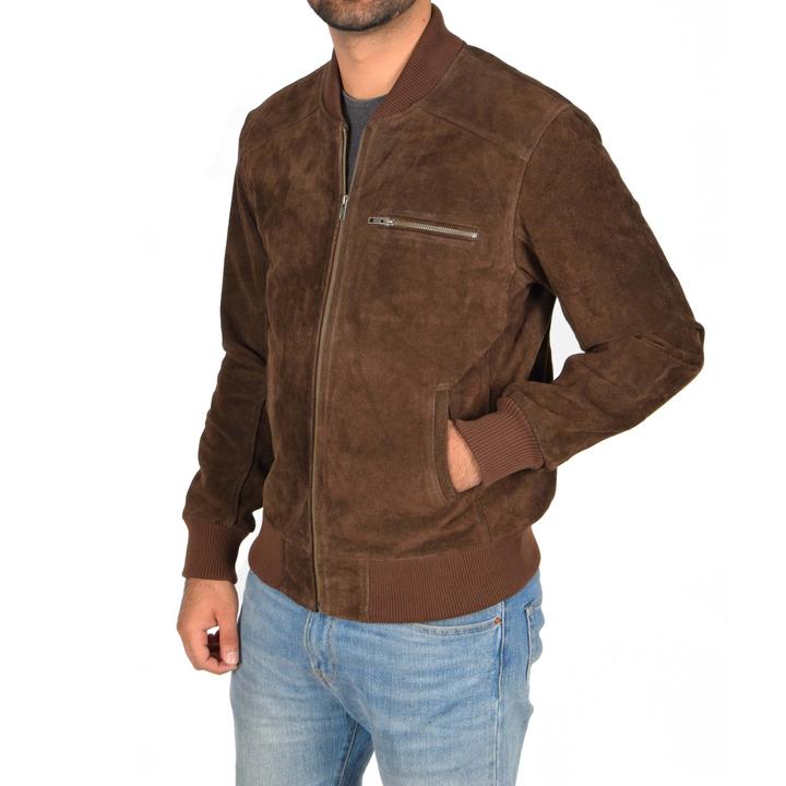 Chocolate Brown Suede Bomber Jacket Men's - AMSEL LEATHERS