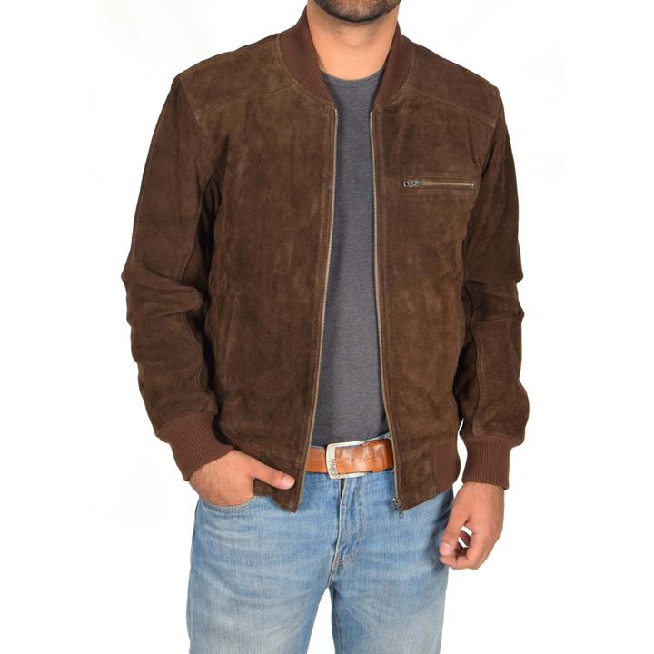 Chocolate Brown Suede Bomber Jacket Men's - AMSEL LEATHERS