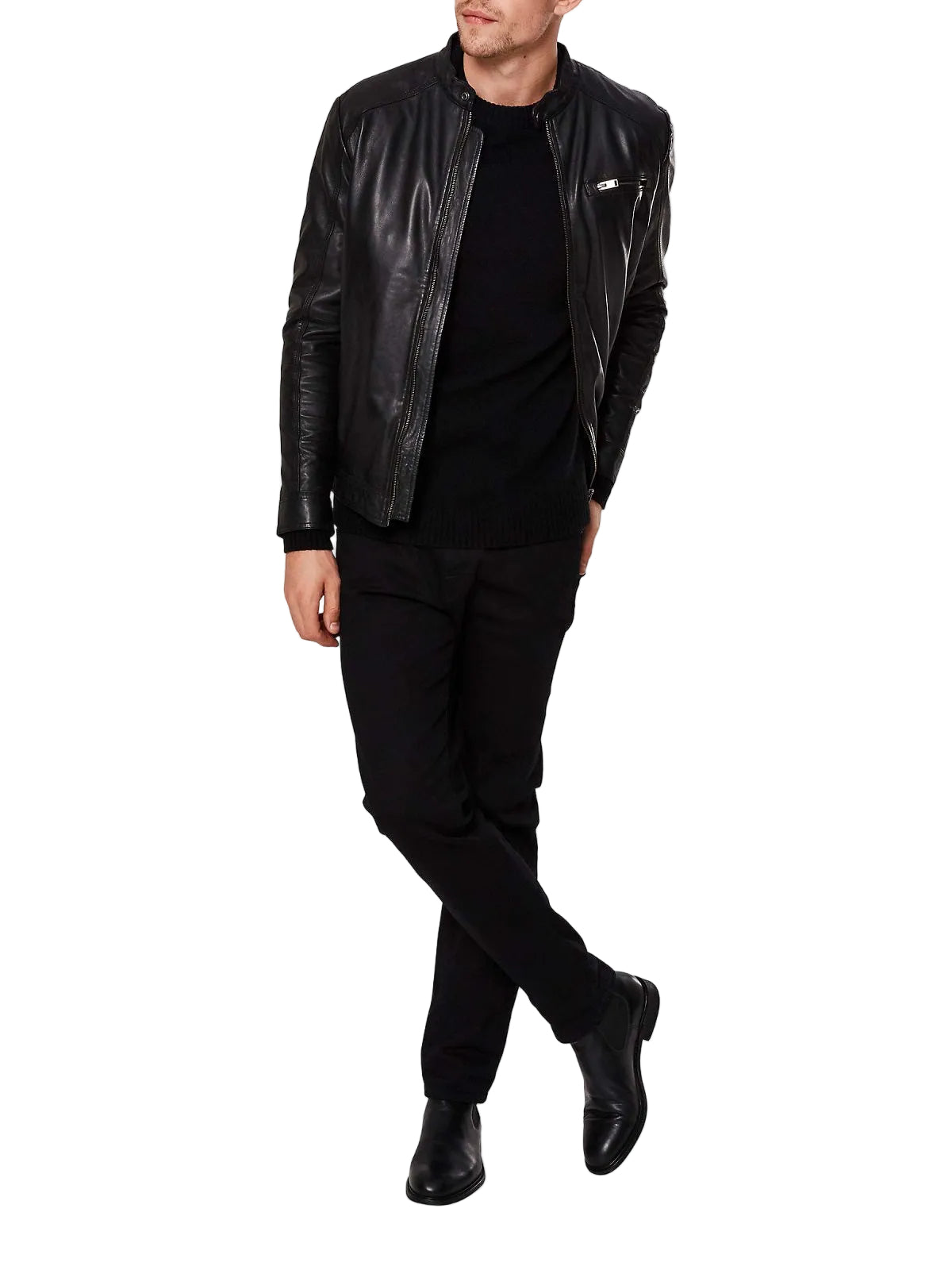 men's black leather biker jacket atlas front view